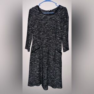 Talbots Tweed Sheath Dress S 6P Black White Faux Leather Trim Pockets 3/4 Sleeve